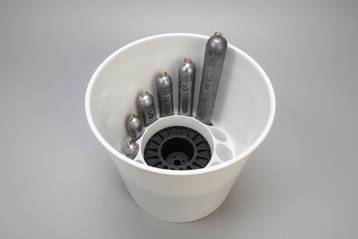 Deep drop lead bucket insert for fishing gear storage